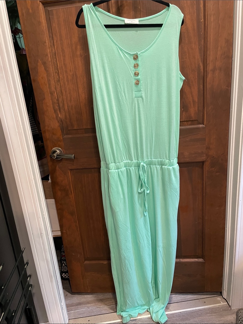 Zenana Outfitters Mint Green Sleeveless Henley Jumpsuit